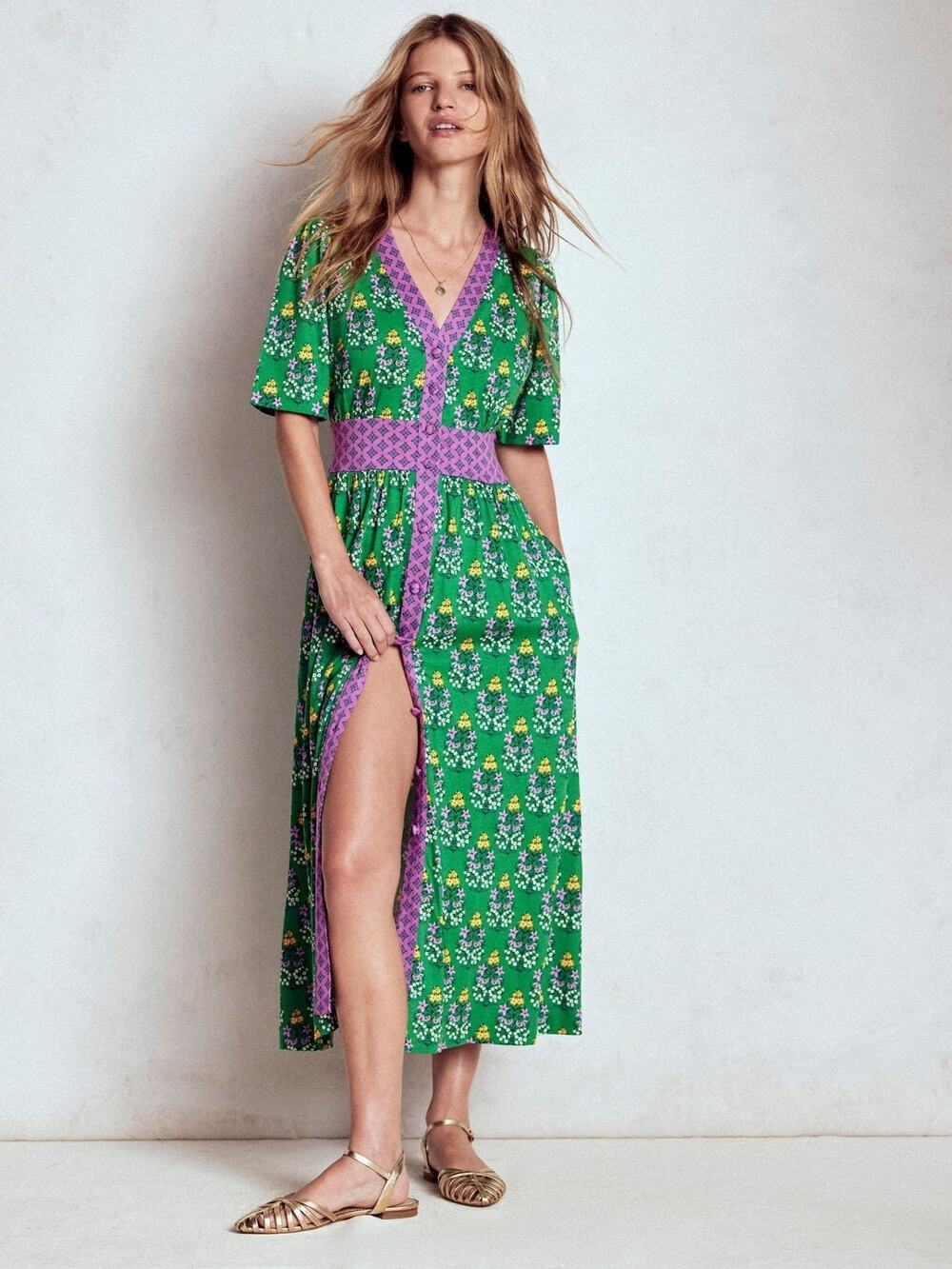Boden Green Purple Floral Midi Dress 8 Cotton Tencel Natalia Cottagecore Fairy